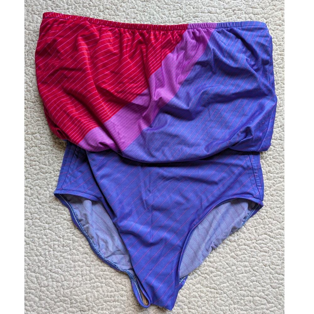 Vintage 80s 90s Jantzen Swimsuit Strapless One Piece Red Purple Blue Stripe 14